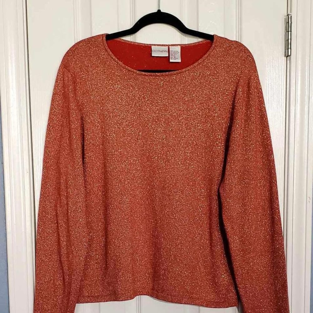 NWOT CC Hughes Women XL Coral and Gold Knit Festive Long Sleeve Party Sweater